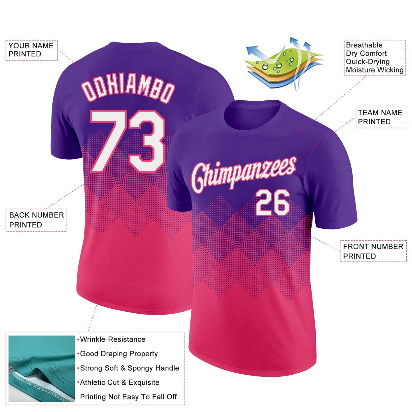 Custom Purple White-Neon Pink 3D Pattern Design Gradient Square Shapes Performance T-Shirt view 2