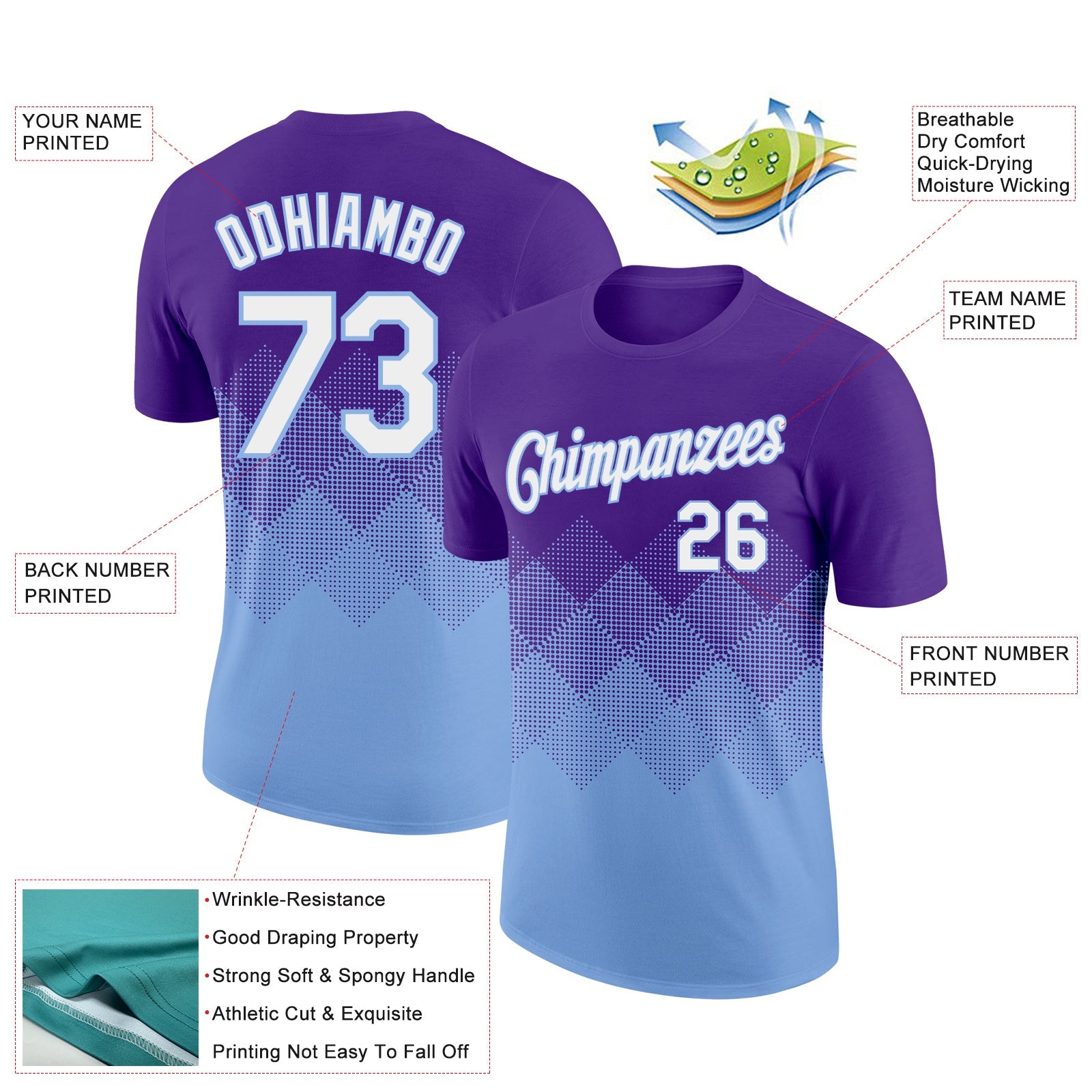 Custom Purple White-Light Blue 3D Pattern Design Gradient Square Shapes Performance T-Shirt view 2