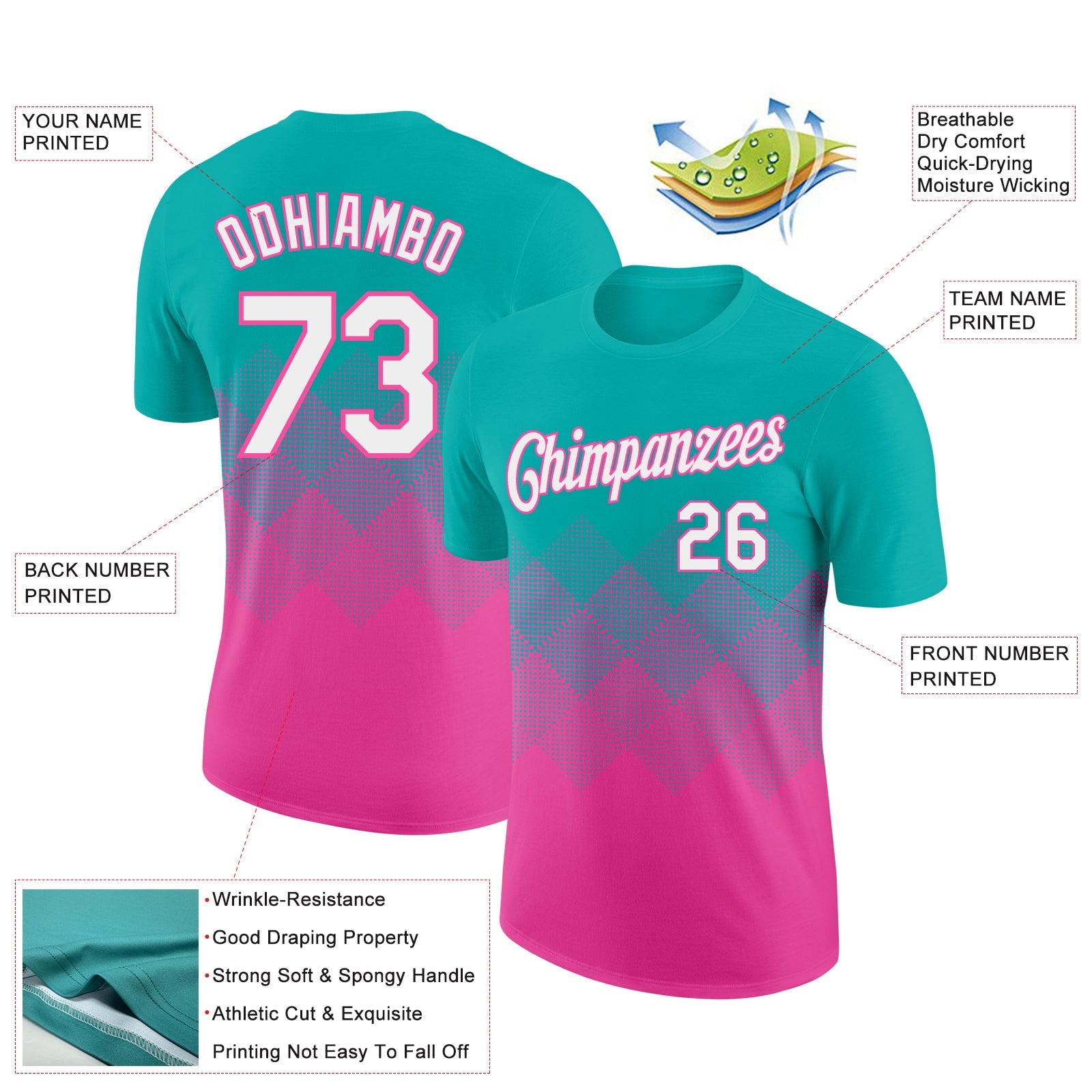 Custom Aqua White-Pink 3D Pattern Design Gradient Square Shapes Performance T-Shirt view 2