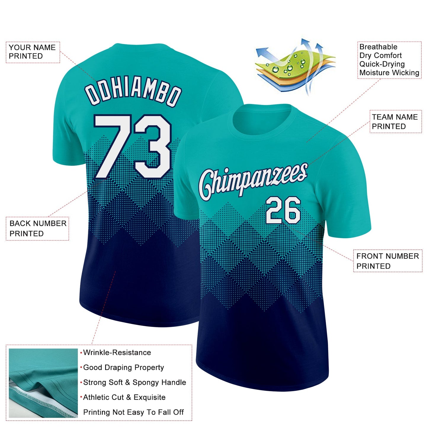 Custom Aqua White-Navy 3D Pattern Design Gradient Square Shapes Performance T-Shirt view 2