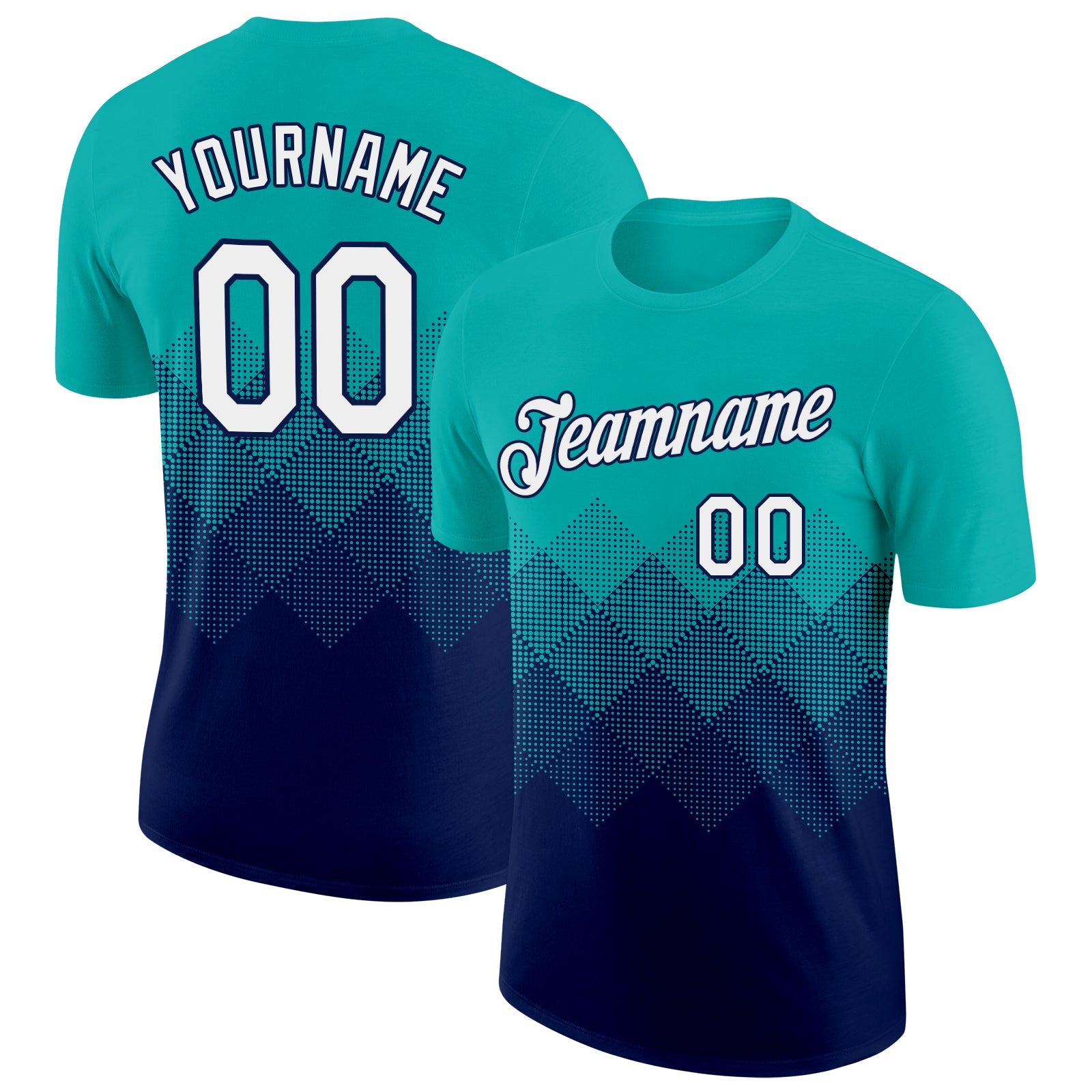 Custom Aqua White-Navy 3D Pattern Design Gradient Square Shapes Performance T-Shirt - Main View