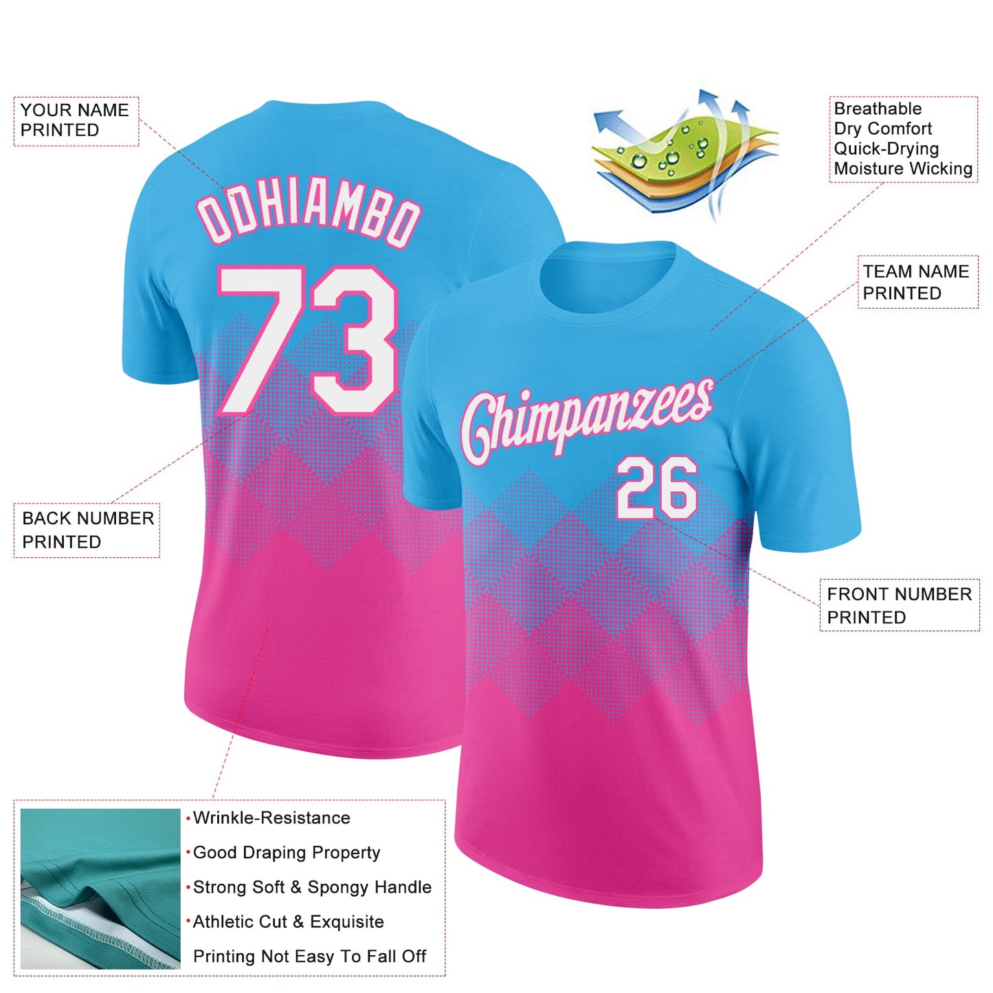 Custom Sky Blue White-Pink 3D Pattern Design Gradient Square Shapes Performance T-Shirt view 2