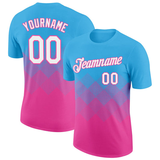 Custom Sky Blue White-Pink 3D Pattern Design Gradient Square Shapes Performance T-Shirt - Main View
