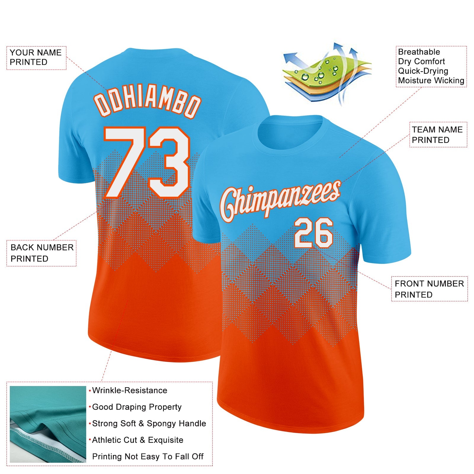 Custom Sky Blue White-Orange 3D Pattern Design Gradient Square Shapes Performance T-Shirt view 2