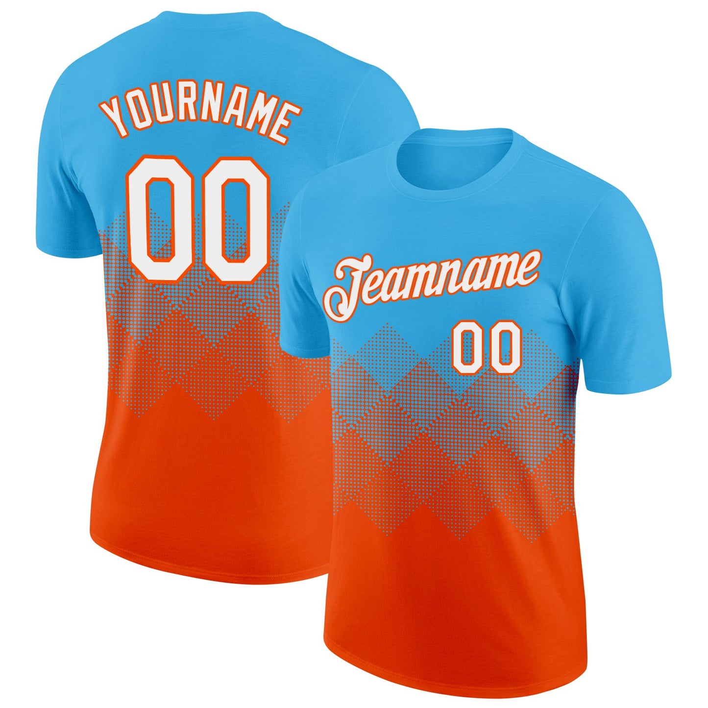 Custom Sky Blue White-Orange 3D Pattern Design Gradient Square Shapes Performance T-Shirt - Main View