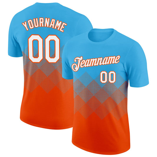 Custom Sky Blue White-Orange 3D Pattern Design Gradient Square Shapes Performance T-Shirt - Main View