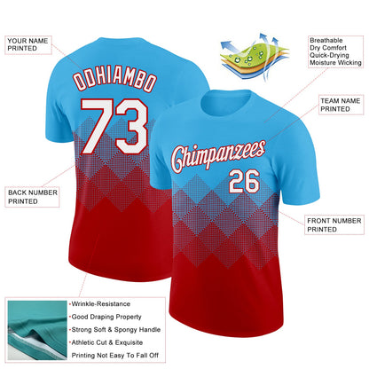 Custom Sky Blue White-Red 3D Pattern Design Gradient Square Shapes Performance T-Shirt view 2