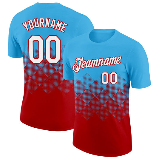 Custom Sky Blue White-Red 3D Pattern Design Gradient Square Shapes Performance T-Shirt - Main View