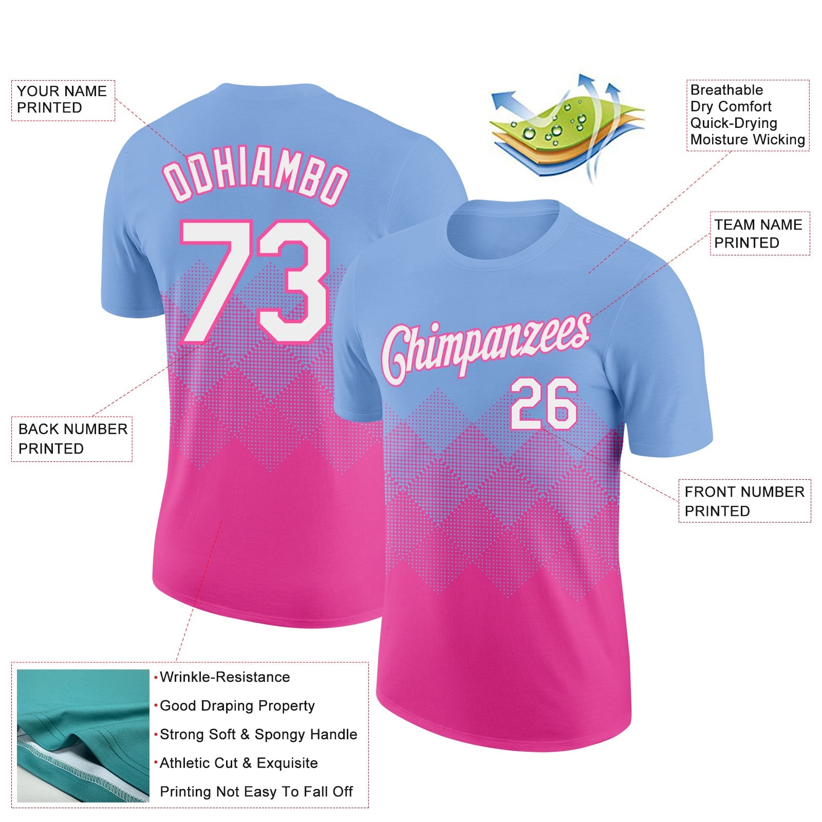 Custom Light Blue White-Pink 3D Pattern Design Gradient Square Shapes Performance T-Shirt view 2