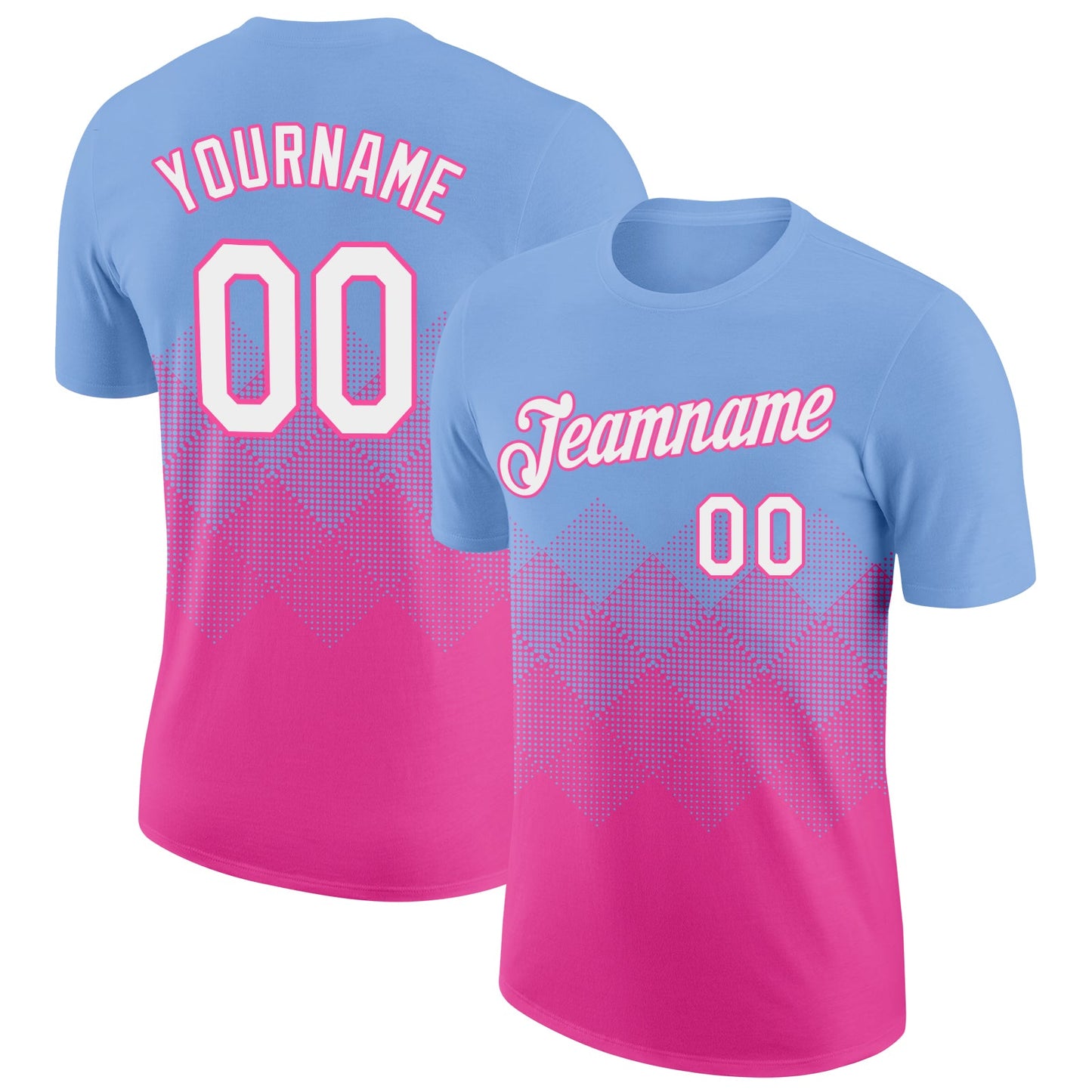 Custom Light Blue White-Pink 3D Pattern Design Gradient Square Shapes Performance T-Shirt - Main View
