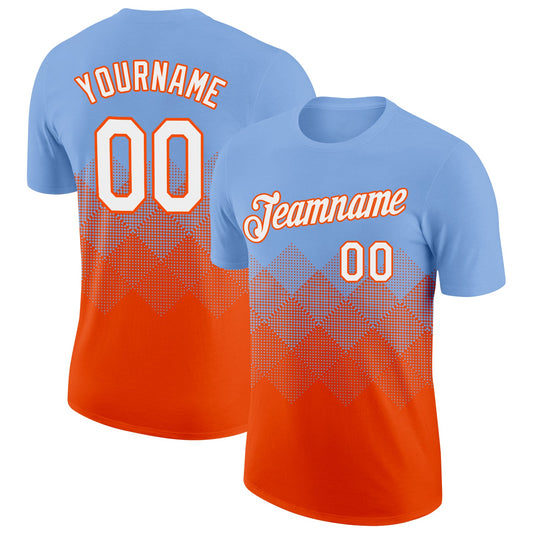Custom Light Blue White-Orange 3D Pattern Design Gradient Square Shapes Performance T-Shirt - Main View