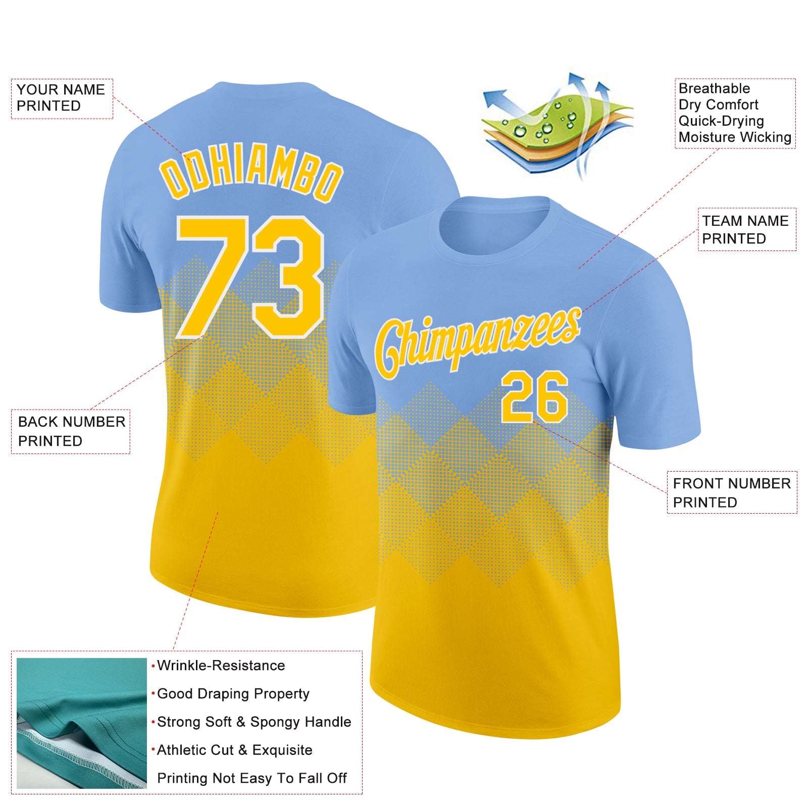 Custom Light Blue Yellow-White 3D Pattern Design Gradient Square Shapes Performance T-Shirt view 2