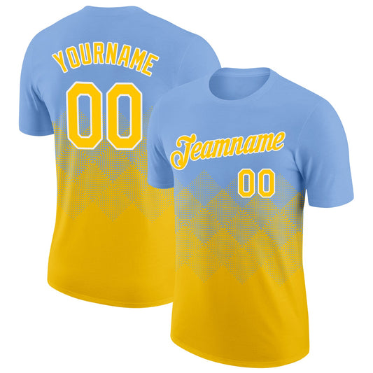 Custom Light Blue Yellow-White 3D Pattern Design Gradient Square Shapes Performance T-Shirt - Main View