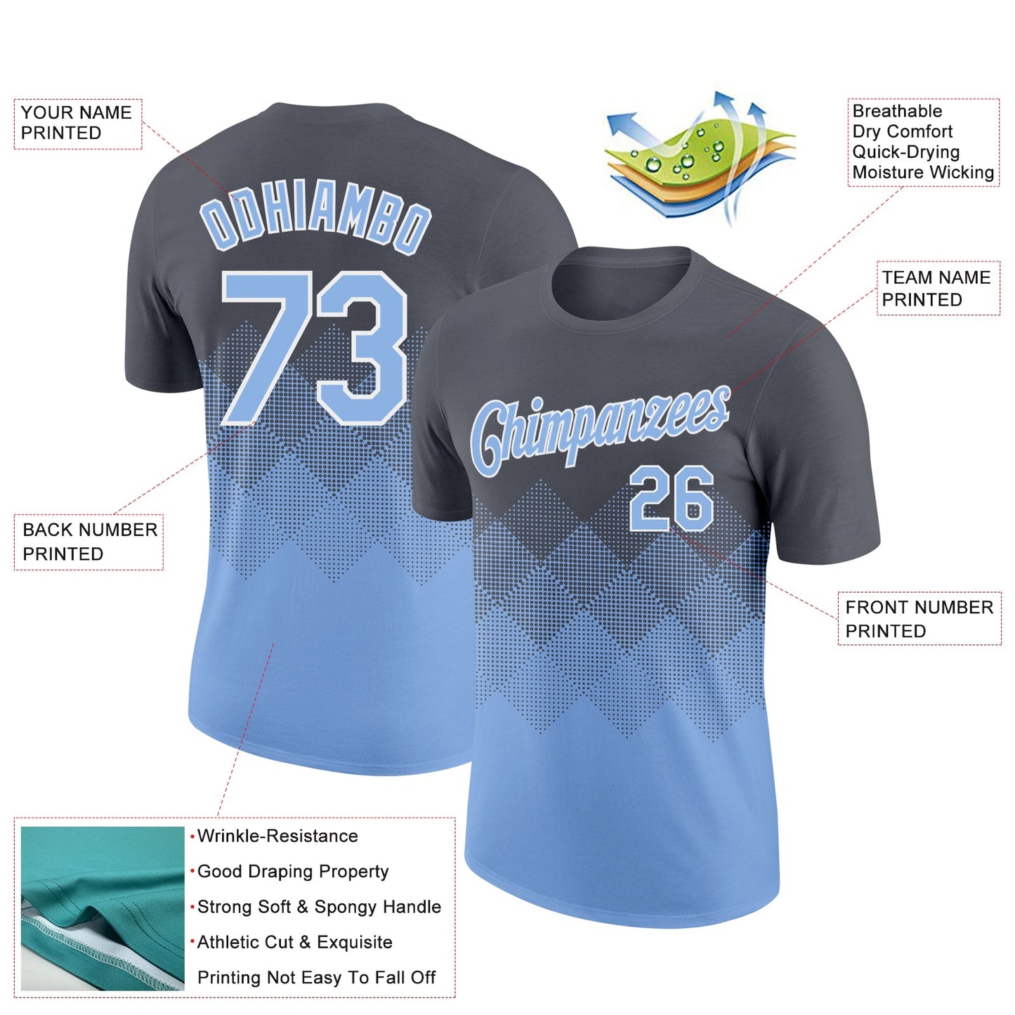 Custom Steel Gray Light Blue-White 3D Pattern Design Gradient Square Shapes Performance T-Shirt view 2