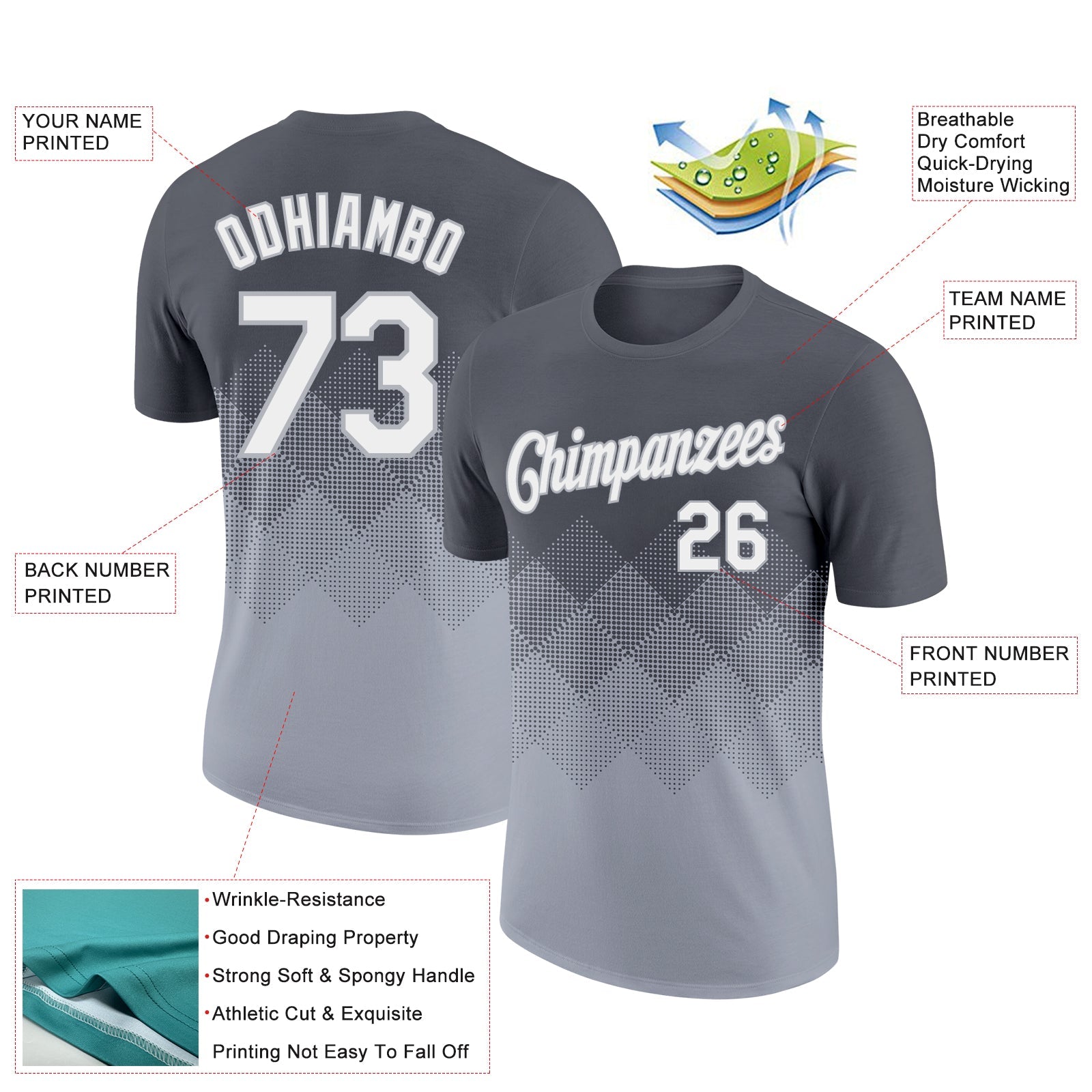 Custom Steel Gray White-Gray 3D Pattern Design Gradient Square Shapes Performance T-Shirt view 2