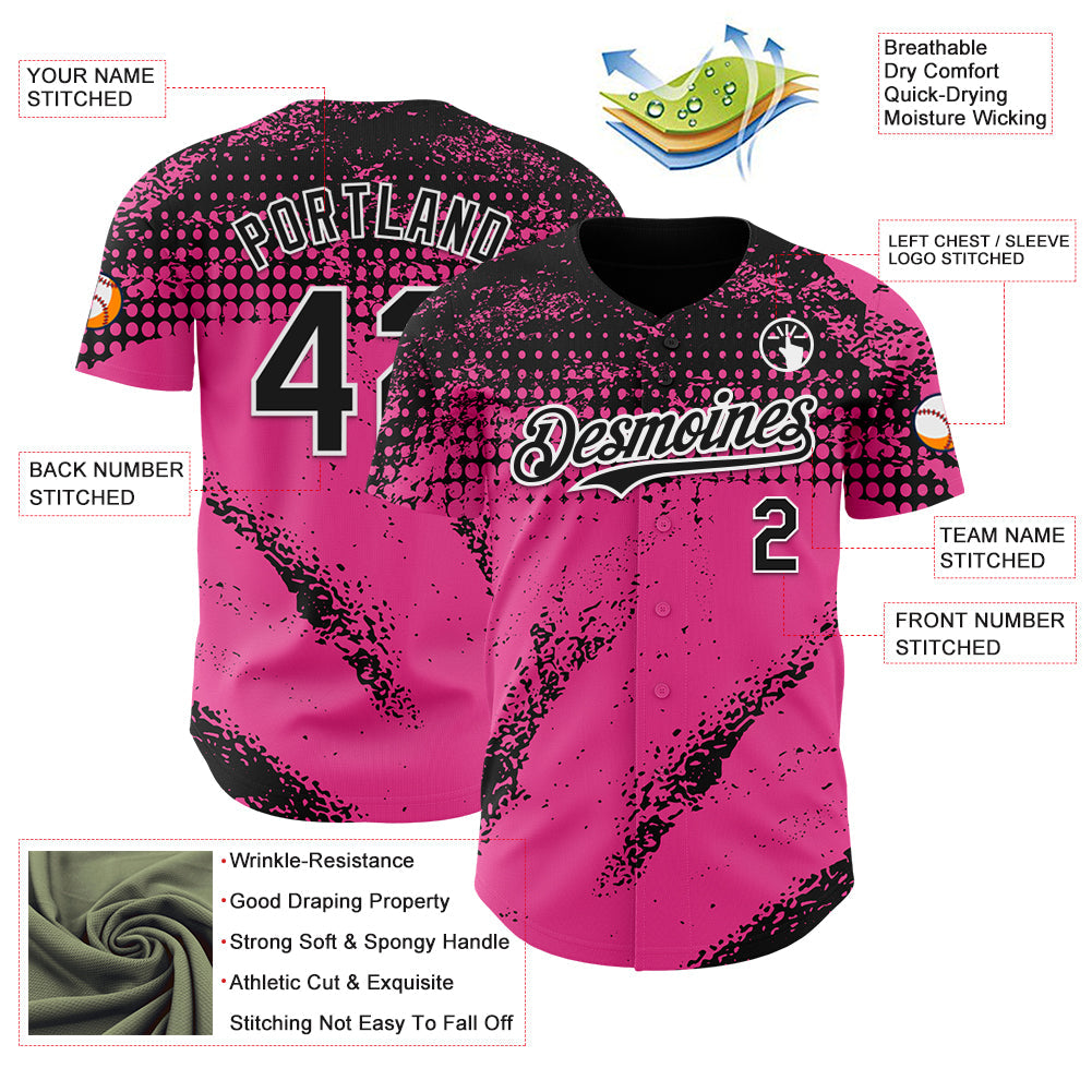 Custom Black Pink-White Splash Grunge Fragment Authentic Baseball Jersey view 3