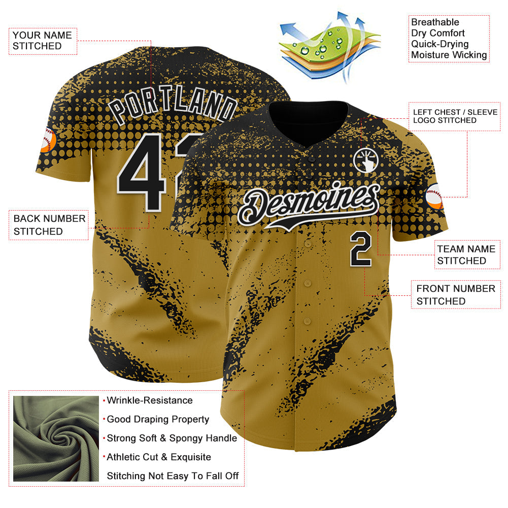 Custom Black Old Gold-White Splash Grunge Fragment Authentic Baseball Jersey view 3