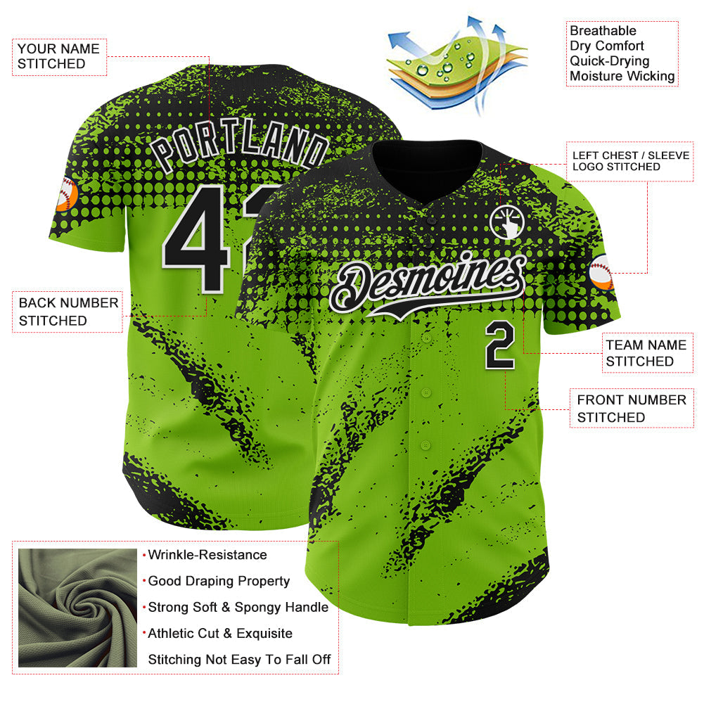 Custom Black Neon Green-White Splash Grunge Fragment Authentic Baseball Jersey view 3