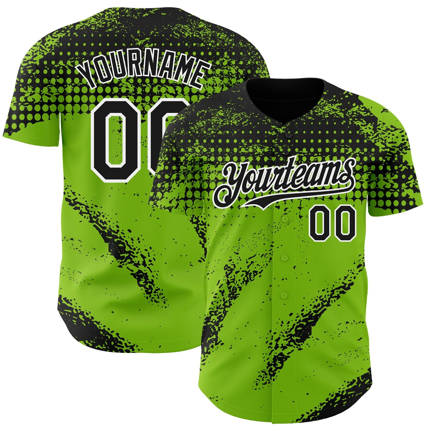 Custom Black Neon Green-White Splash Grunge Fragment Authentic Baseball Jersey - Main View