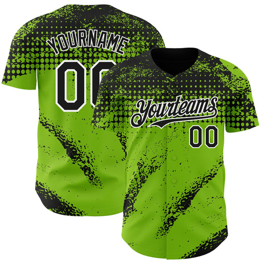 Custom Black Neon Green-White Splash Grunge Fragment Authentic Baseball Jersey - Main View