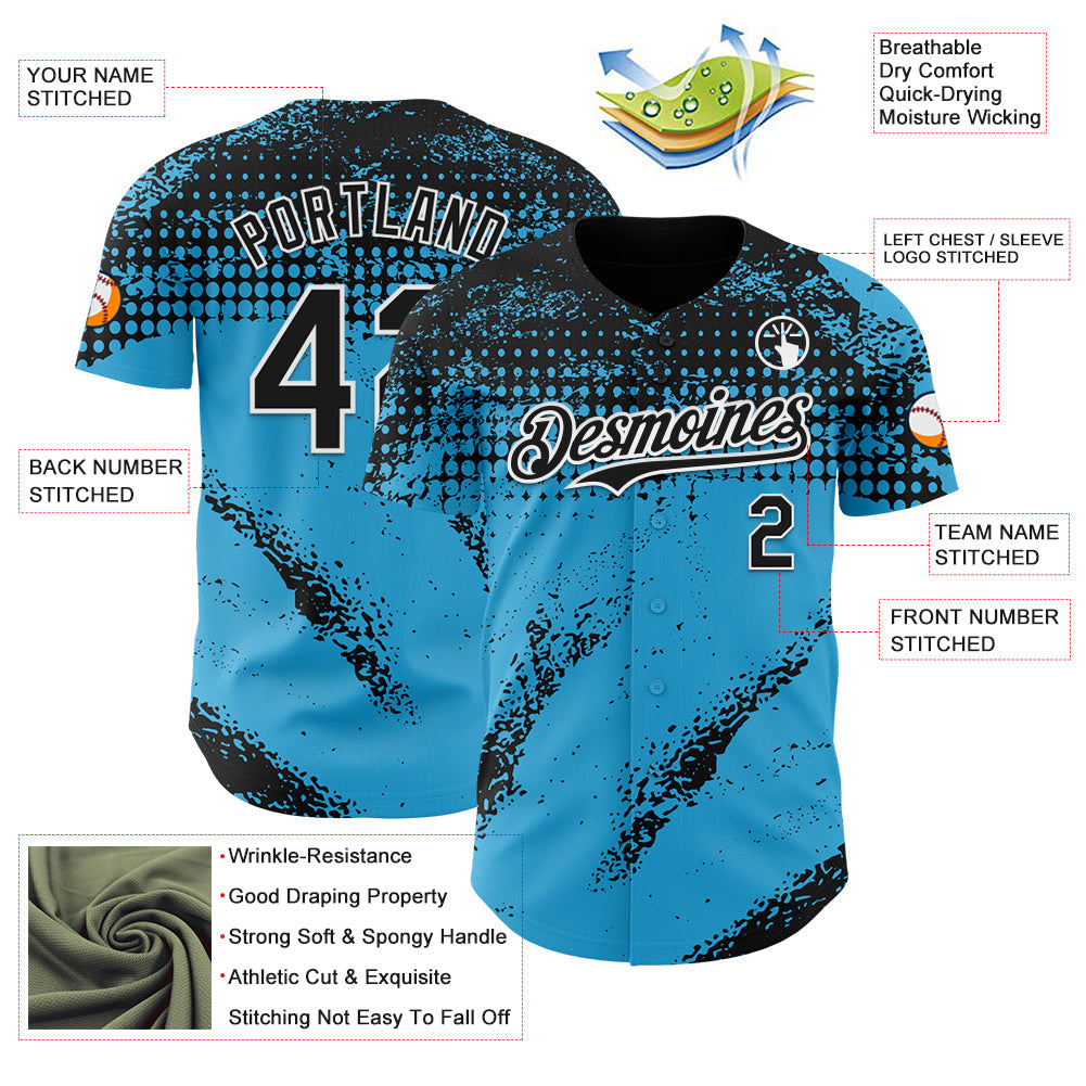 Custom Black Sky Blue-White Splash Grunge Fragment Authentic Baseball Jersey view 3