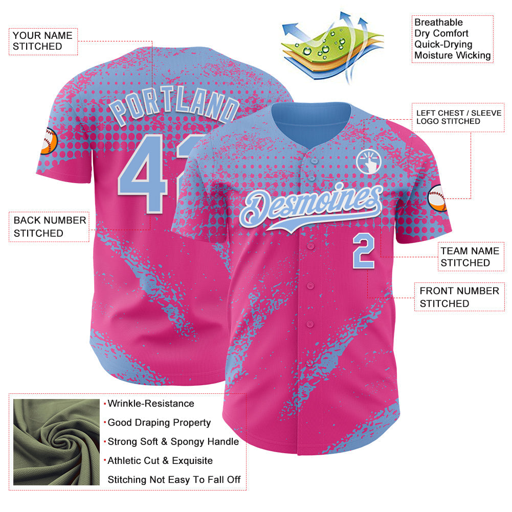 Custom Light Blue Pink-White Splash Grunge Fragment Authentic Baseball Jersey view 3