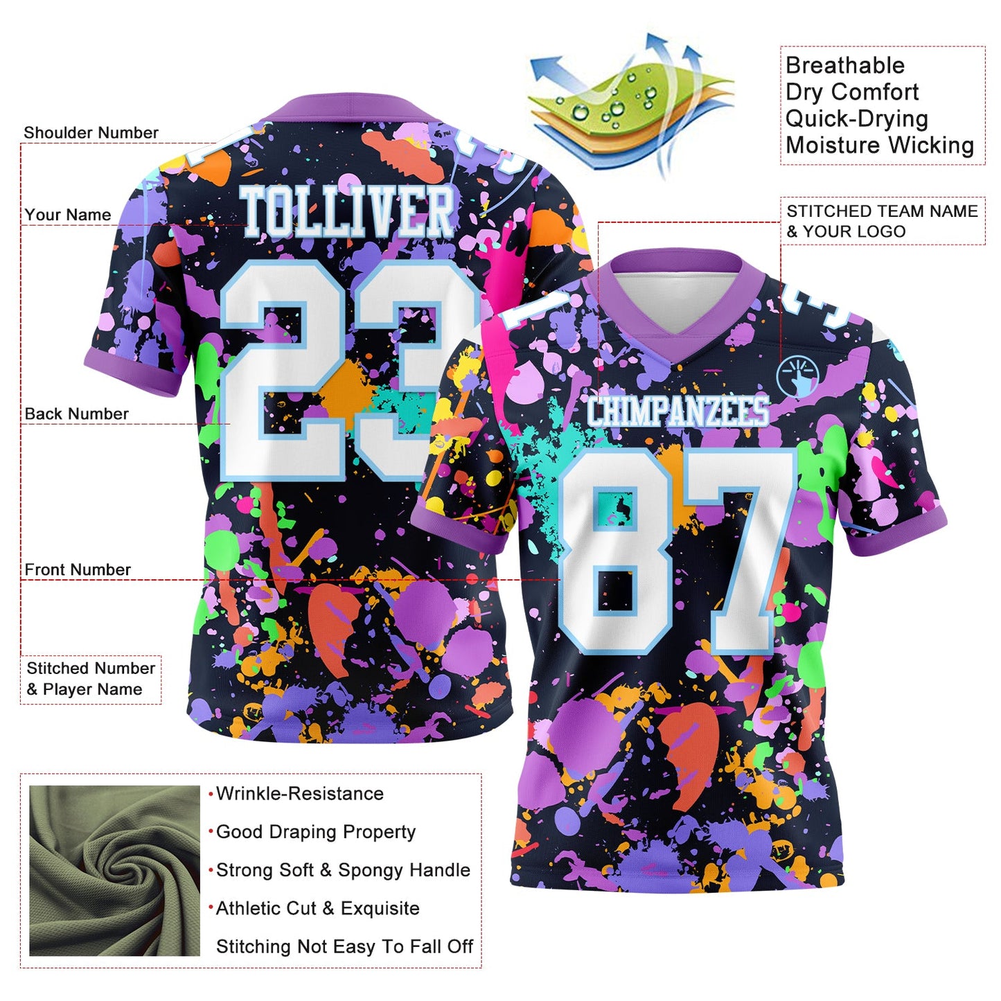 Custom Graffiti Pattern White Light Blue-Medium Purple 3D Pattern Splash Authentic Football Jersey view 3