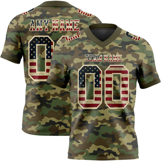 Custom Camo Vintage USA Flag Cream-Olive 3D Pattern Salute To Service Authentic Football Jersey - Main View