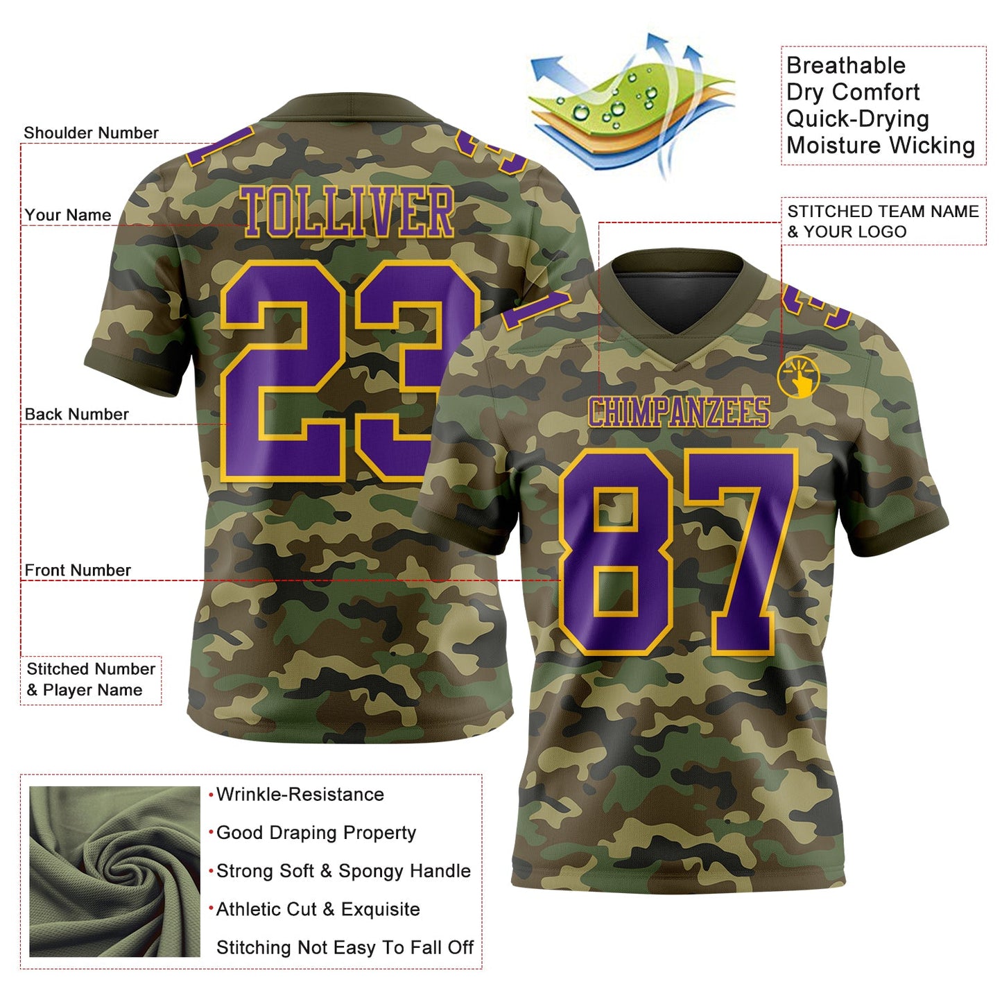 Custom Camo Purple-Yellow 3D Pattern Salute To Service Authentic Football Jersey view 3