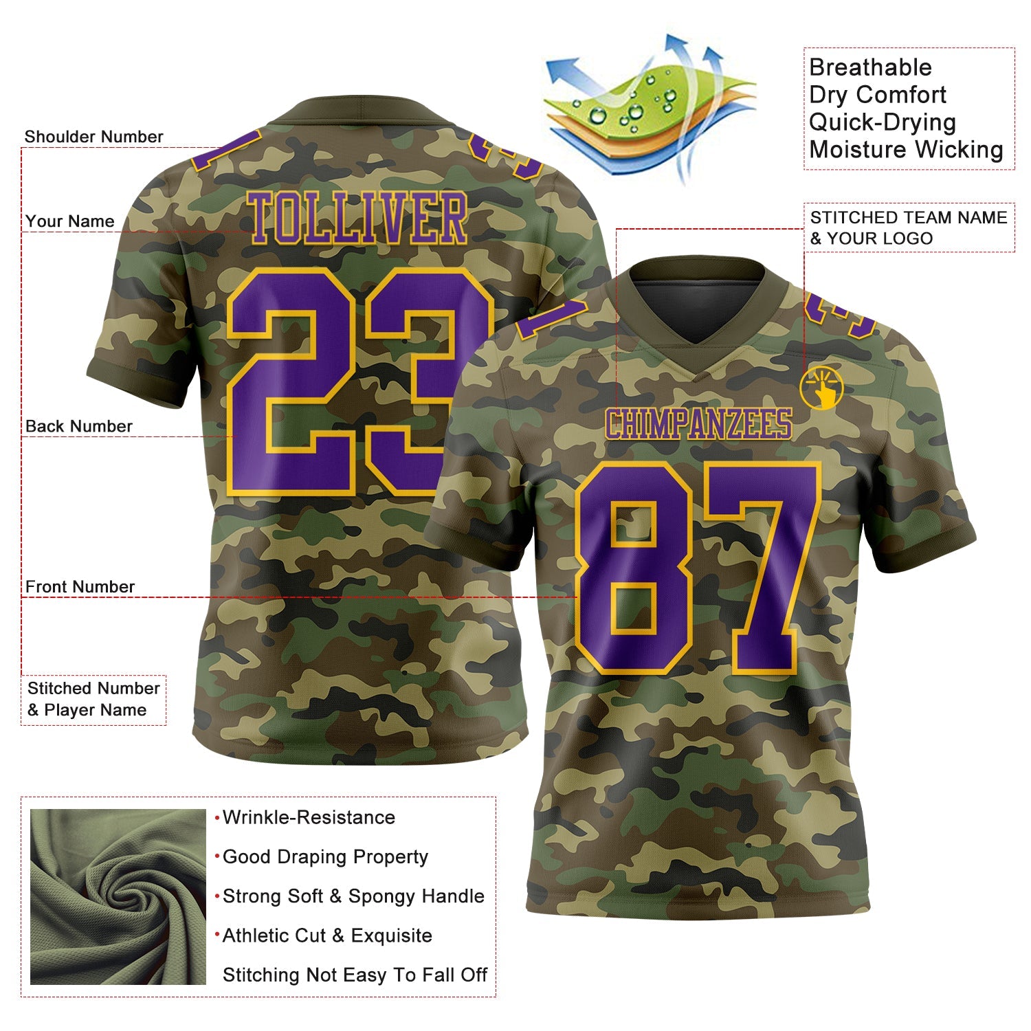 Custom Camo Purple-Yellow 3D Pattern Salute To Service Authentic Football Jersey view 3