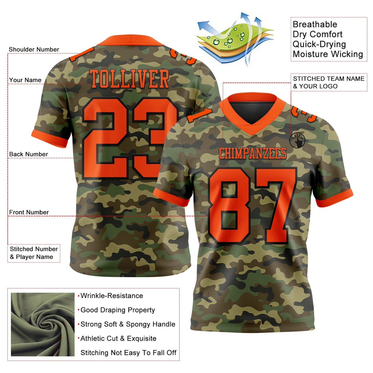 Custom Camo Orange-Black 3D Pattern Salute To Service Authentic Football Jersey view 3
