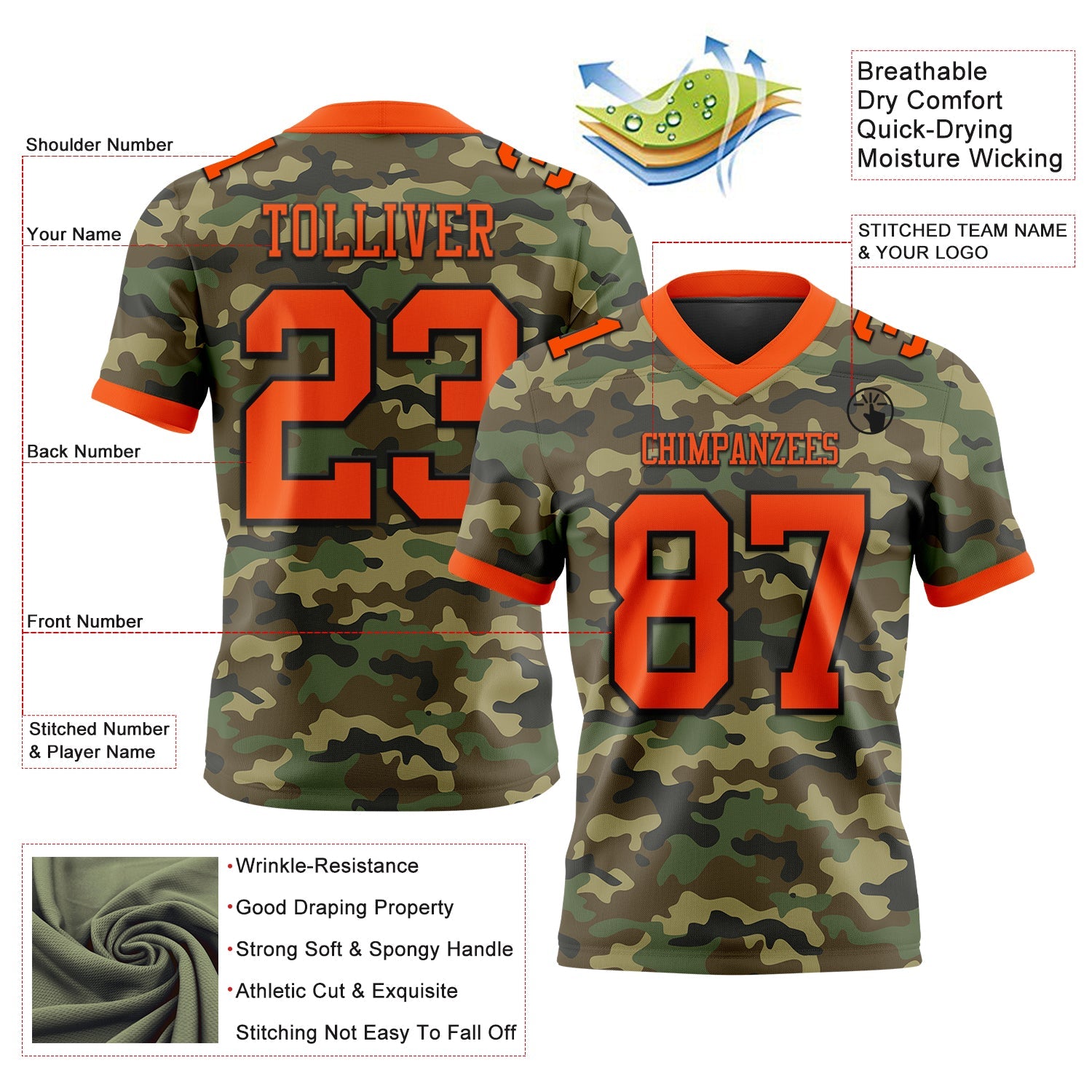 Custom Camo Orange-Black 3D Pattern Salute To Service Authentic Football Jersey view 3