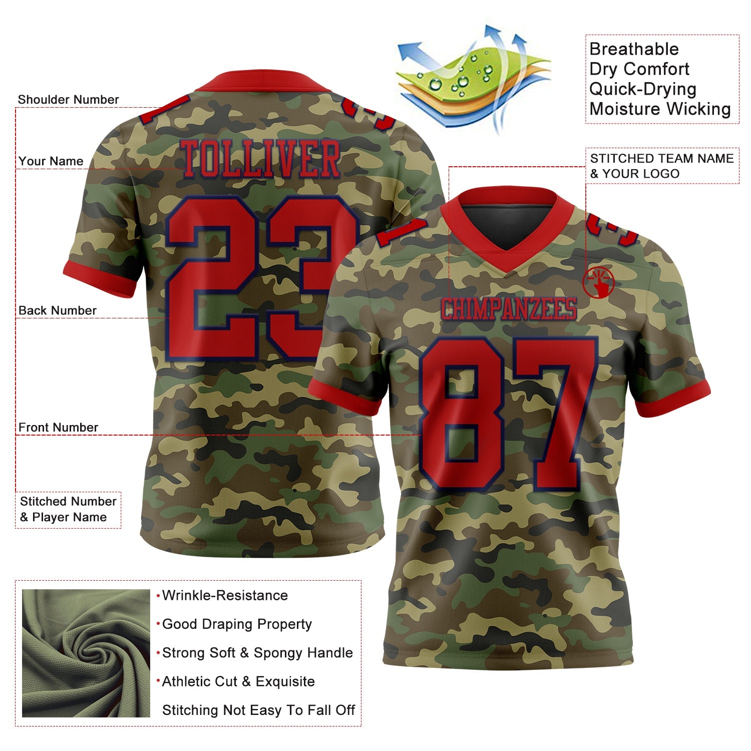 Custom Camo Red-Navy 3D Pattern Salute To Service Authentic Football Jersey view 3