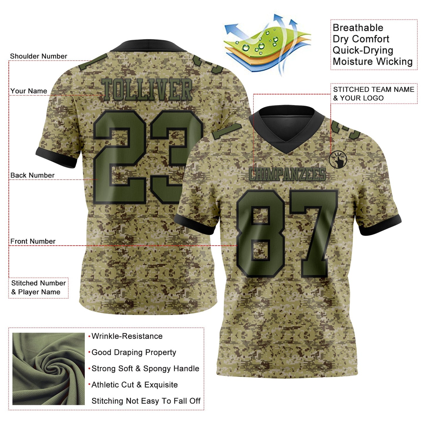 Custom Camo Olive-Black 3D Pattern Salute To Service Authentic Football Jersey view 3