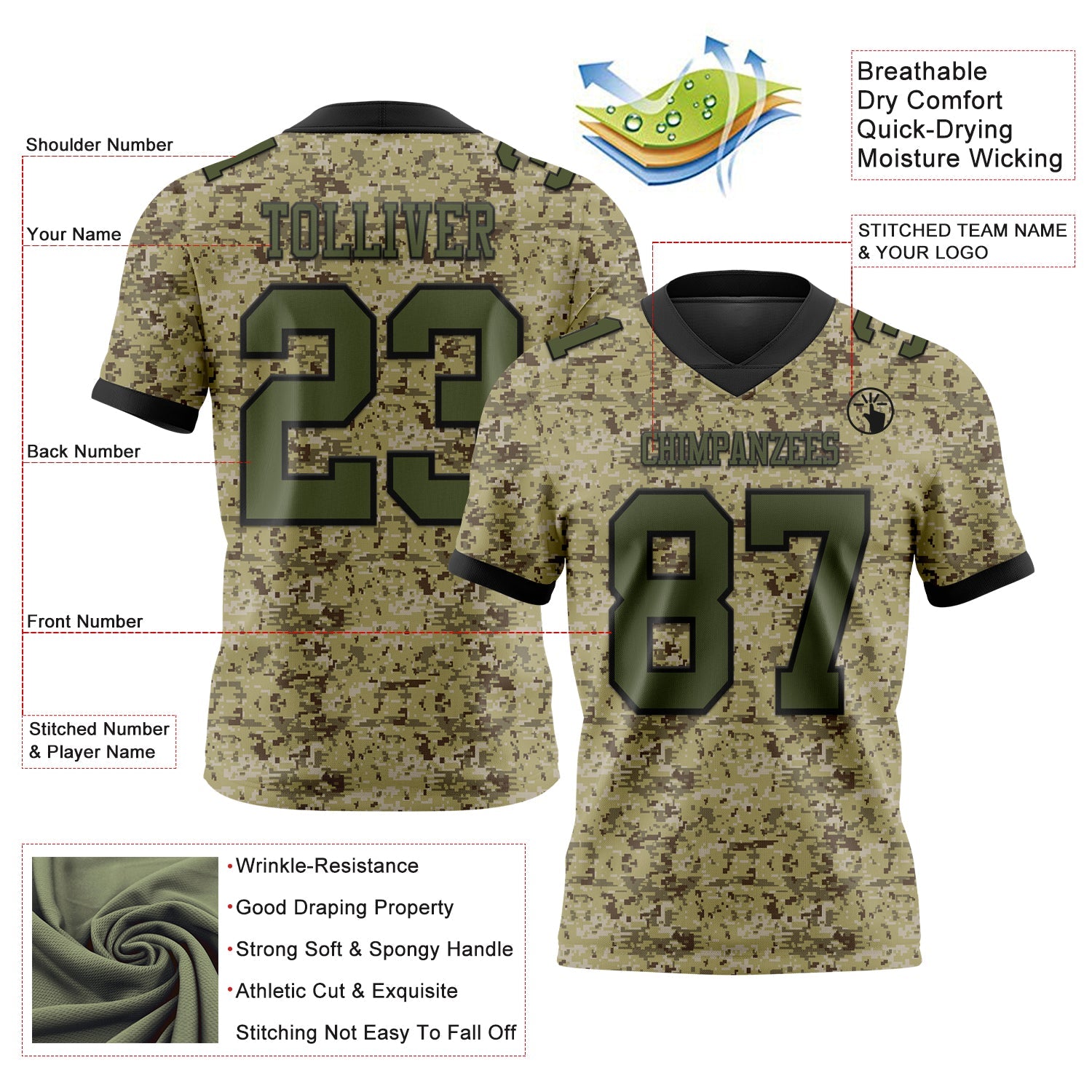 Custom Camo Olive-Black 3D Pattern Salute To Service Authentic Football Jersey view 3