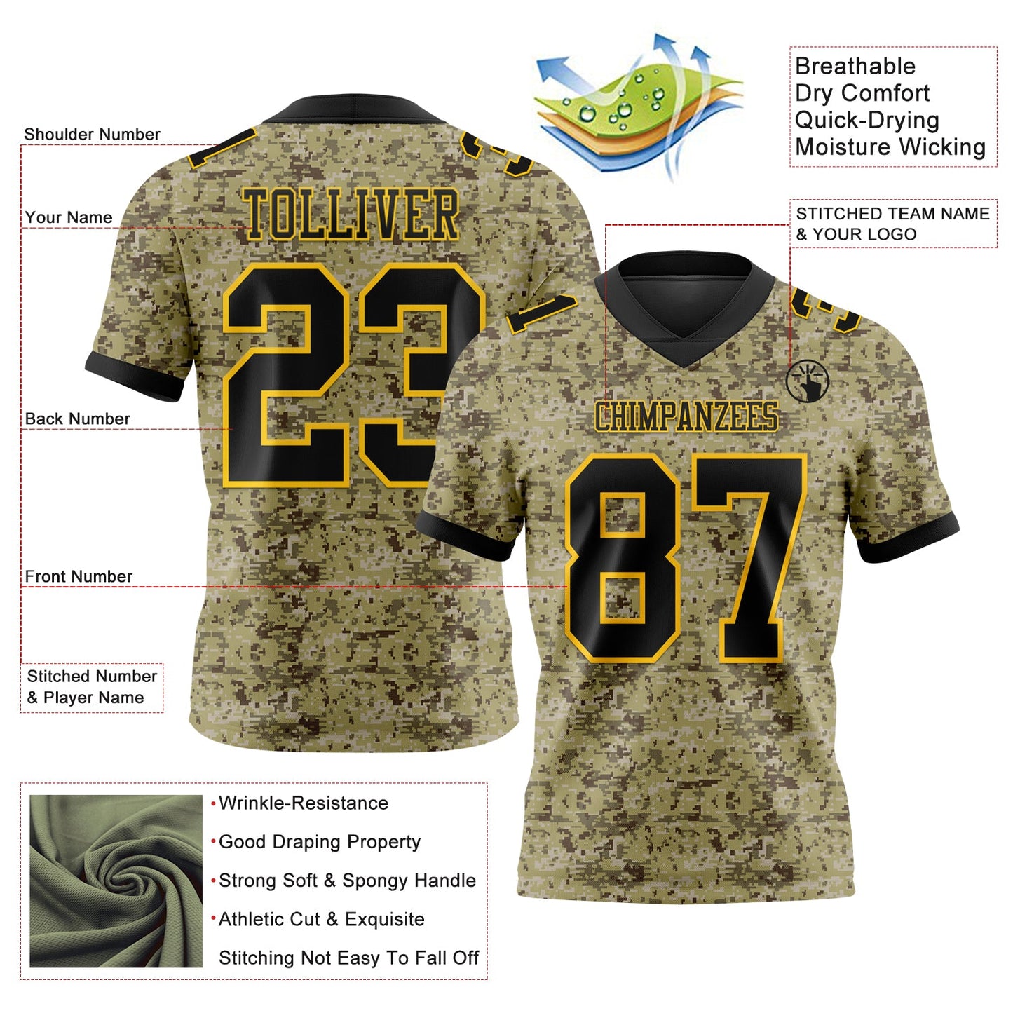 Custom Camo Black-Yellow 3D Pattern Salute To Service Authentic Football Jersey view 3