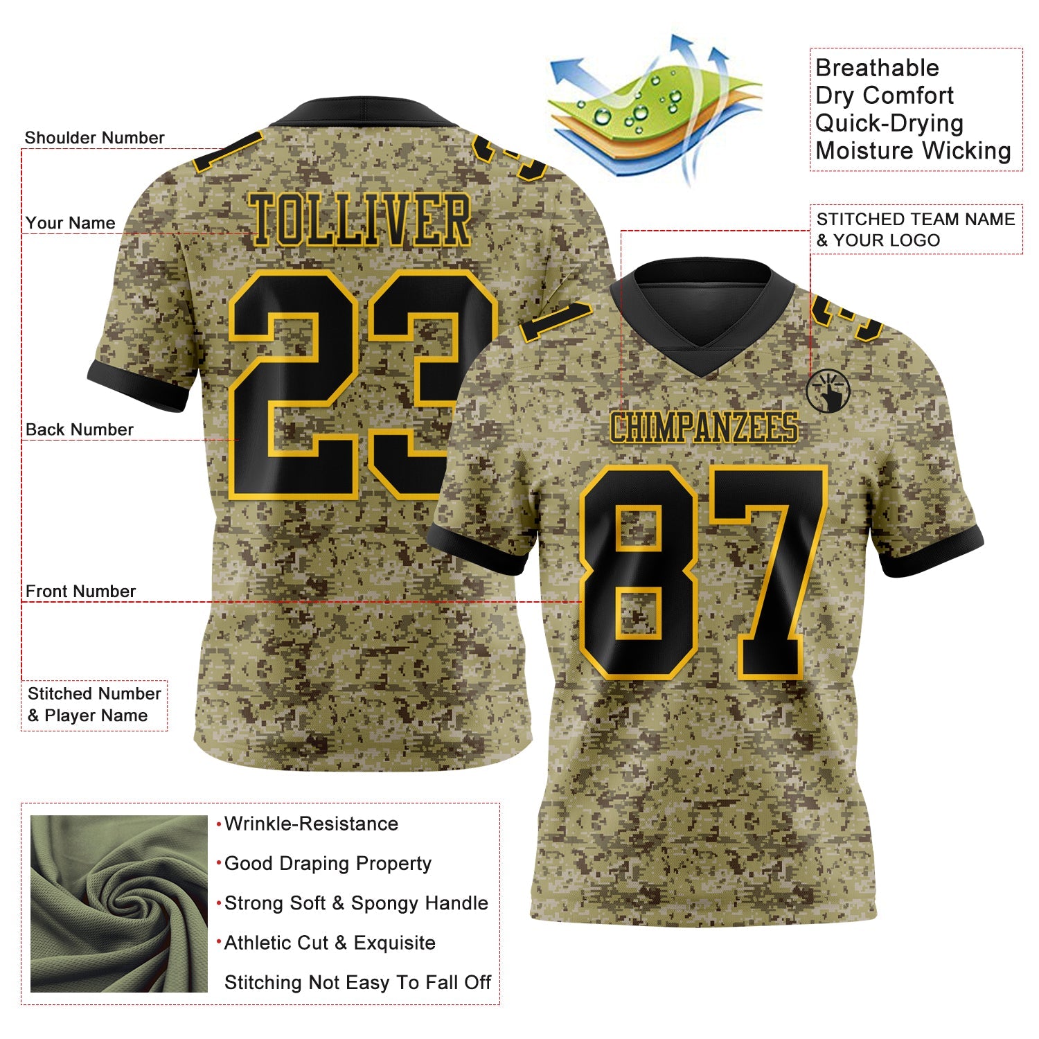 Custom Camo Black-Yellow 3D Pattern Salute To Service Authentic Football Jersey view 3