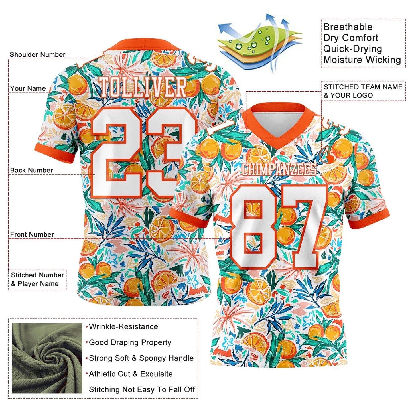 Custom White Orange 3D Pattern Fruit Authentic Football Jersey view 3