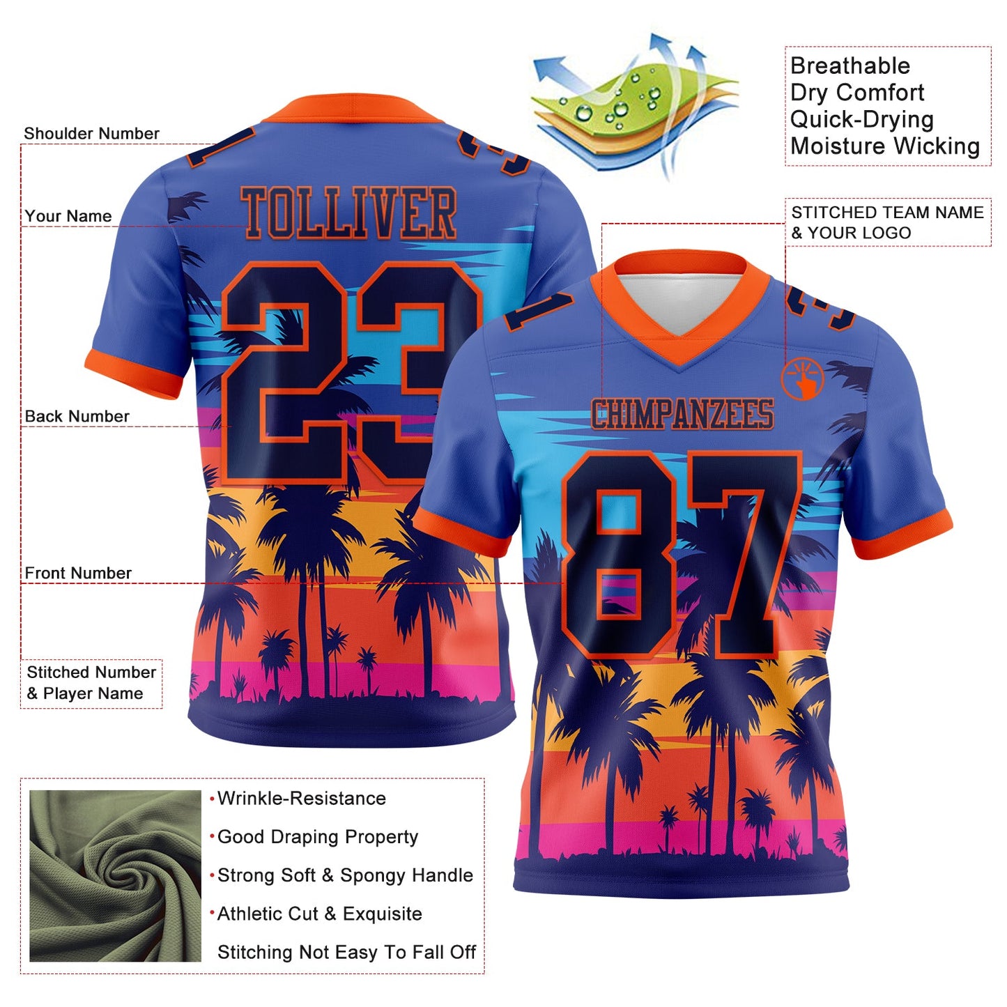 Custom Royal Navy-Orange 3D Pattern Tropical Palm Trees Authentic Football Jersey view 3