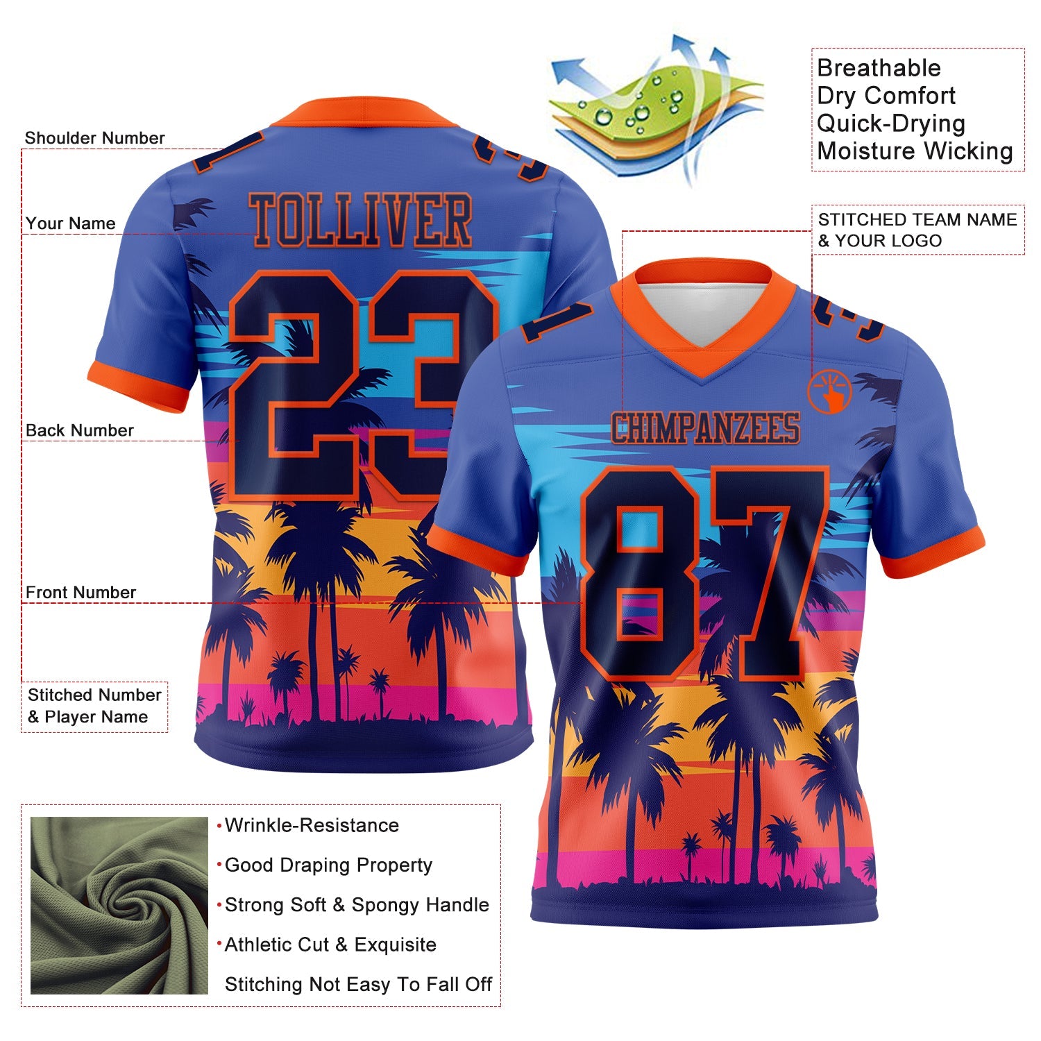 Custom Royal Navy-Orange 3D Pattern Tropical Palm Trees Authentic Football Jersey view 3