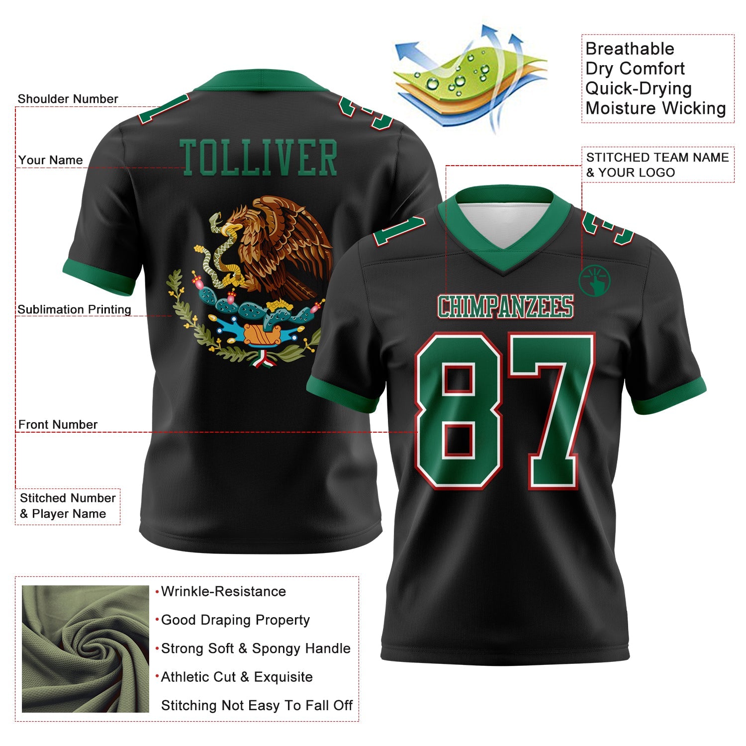 Custom Black Kelly Green White-Red 3D Pattern Mexico Authentic Football Jersey view 3