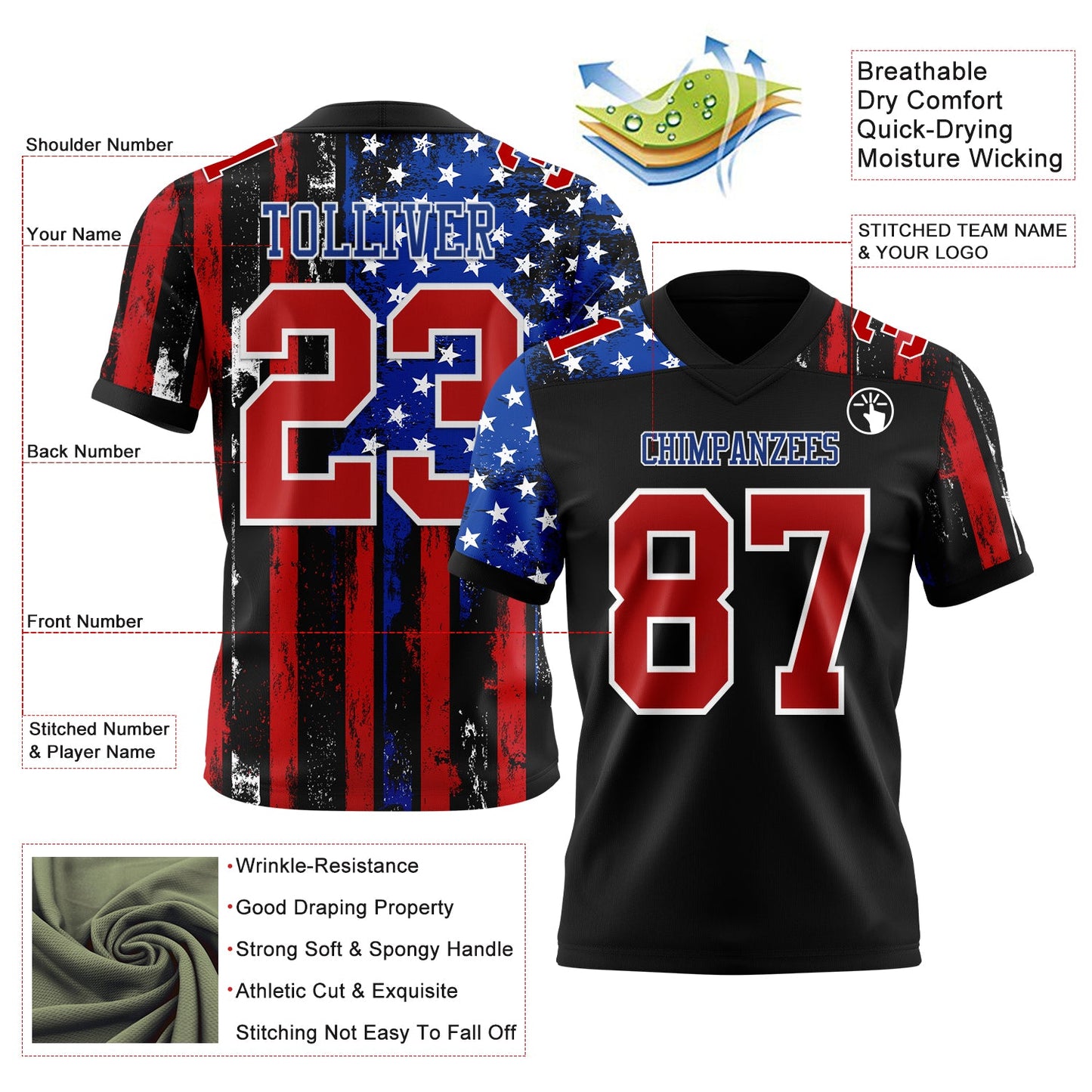 Custom Black Red Royal-White 3D Pattern American Flag Authentic Football Jersey view 3