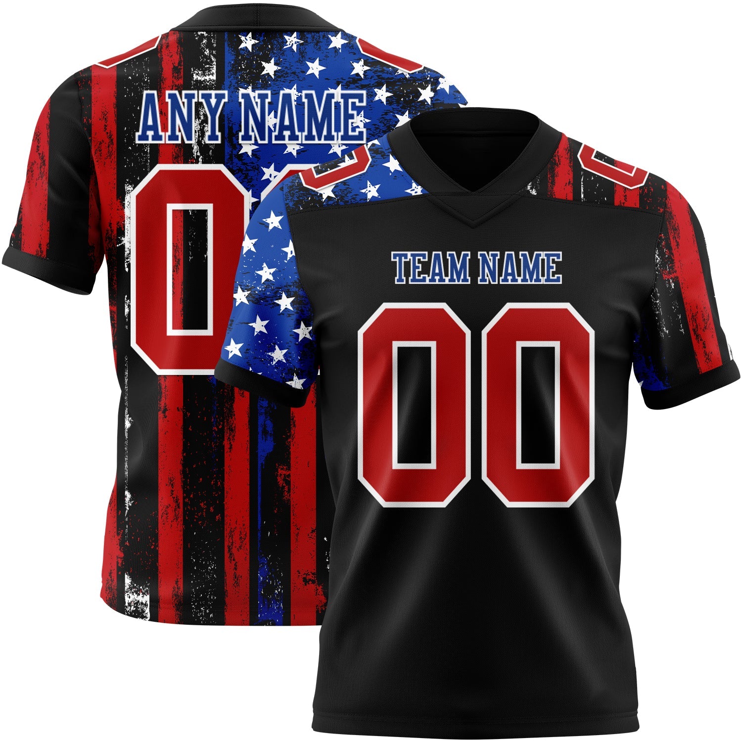 Custom Black Red Royal-White 3D Pattern American Flag Authentic Football Jersey - Main View
