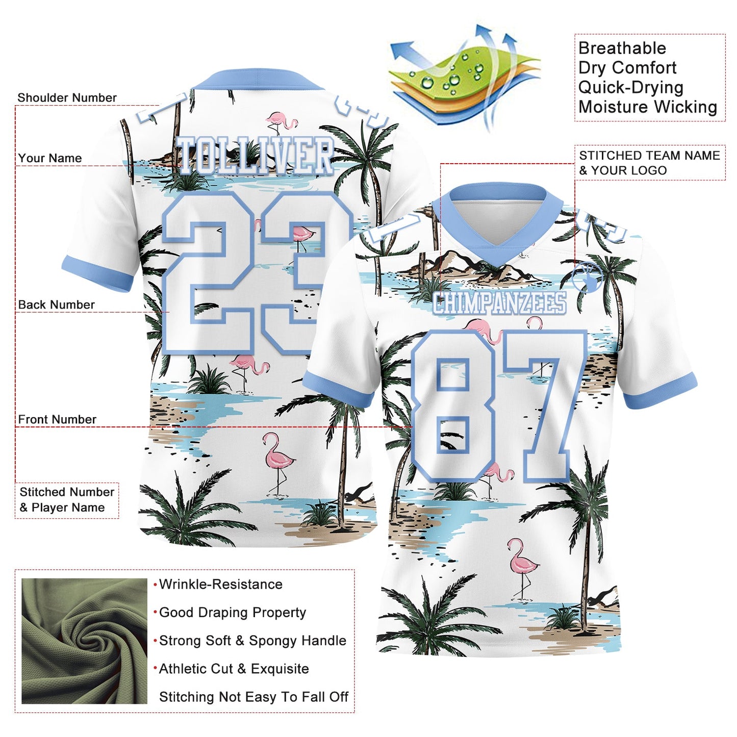 Custom White Light Blue 3D Pattern Hawaii Palm Trees Authentic Football Jersey view 3