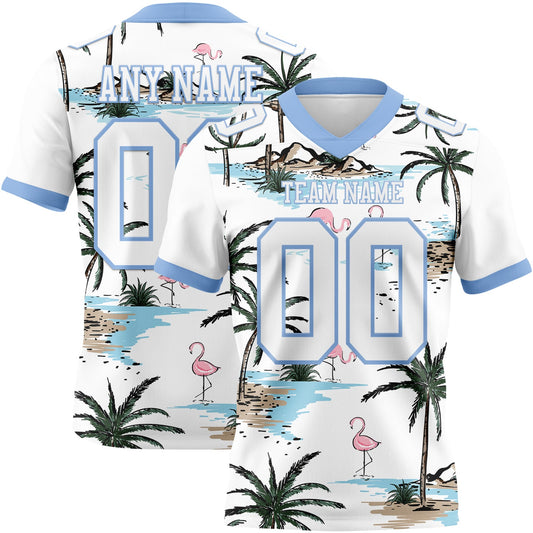 Custom White Light Blue 3D Pattern Hawaii Palm Trees Authentic Football Jersey - Main View