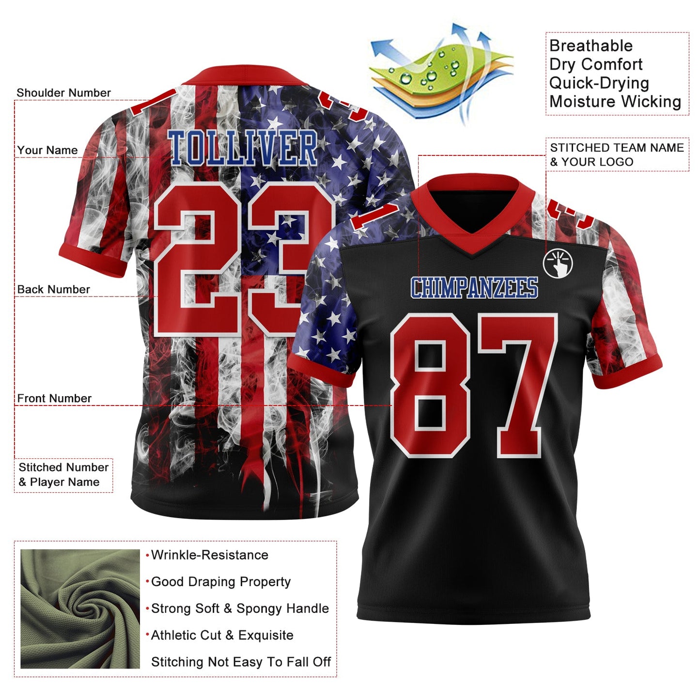 Custom Black Red Royal-White 3D Pattern American Flag Authentic Football Jersey view 3