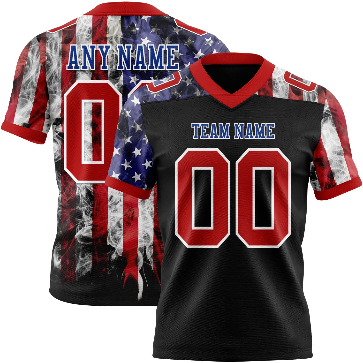 Custom Black Red Royal-White 3D Pattern American Flag Authentic Football Jersey - Main View