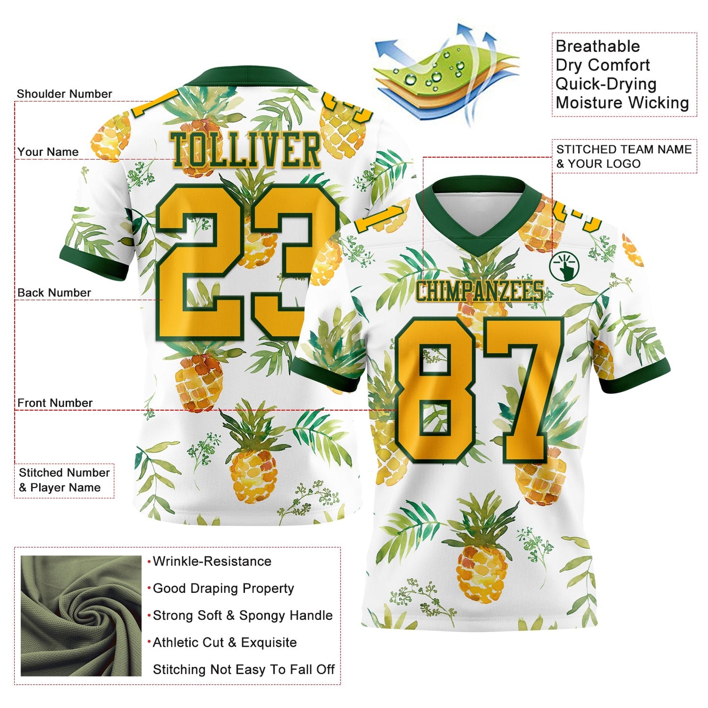Custom White Gold-Green 3D Pattern Fruit Pineapple Authentic Football Jersey view 3