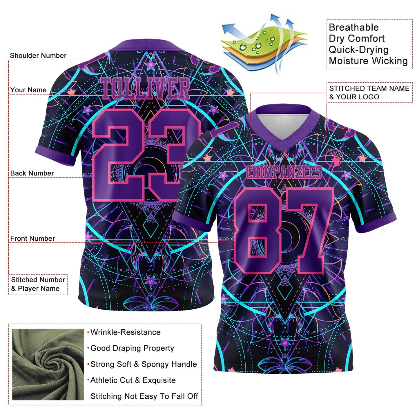 Custom Black Purple-Pink 3D Pattern Magic Mushrooms Over Sacred Geometry Psychedelic Hallucination Authentic Football Jersey view 3