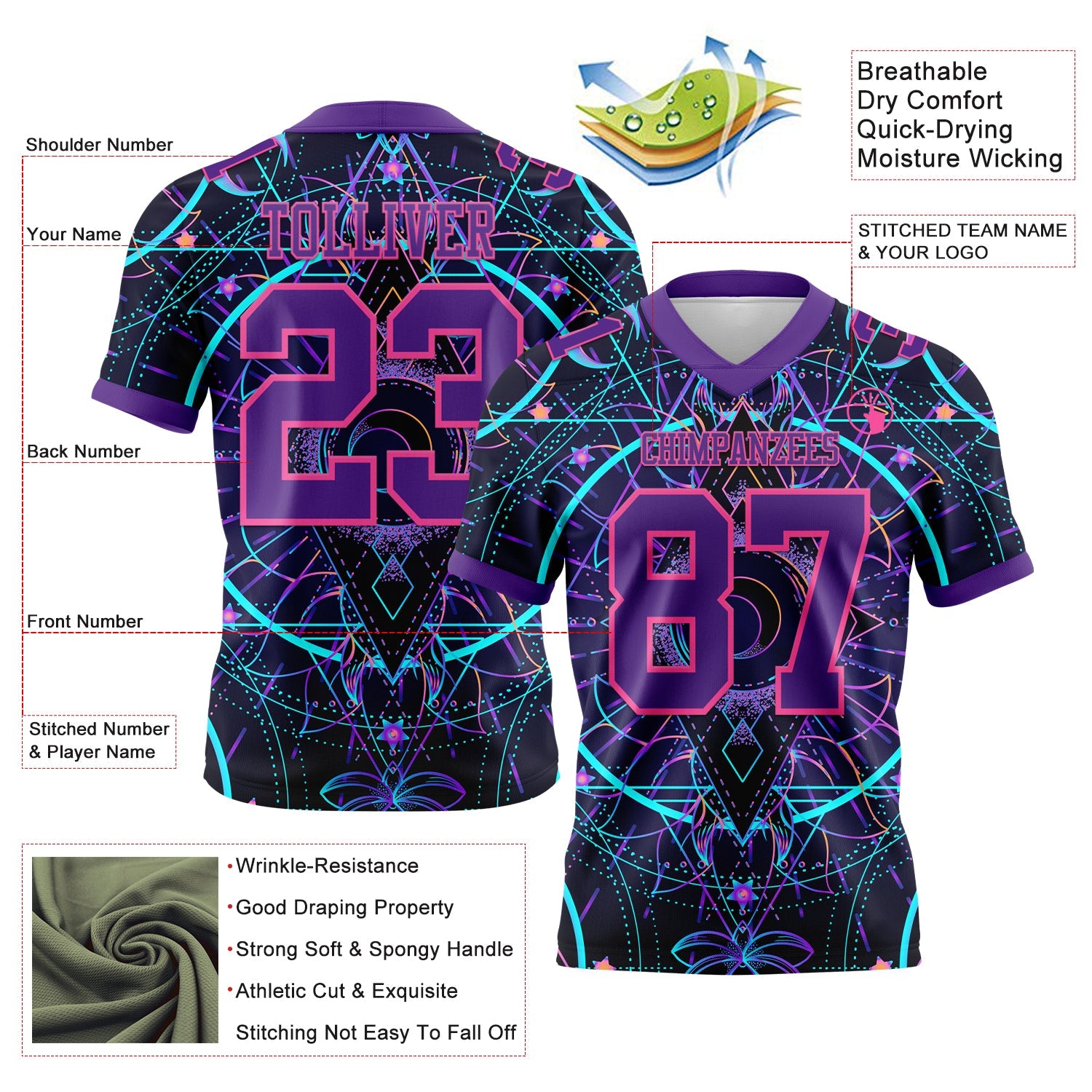 Custom Black Purple-Pink 3D Pattern Magic Mushrooms Over Sacred Geometry Psychedelic Hallucination Authentic Football Jersey view 3